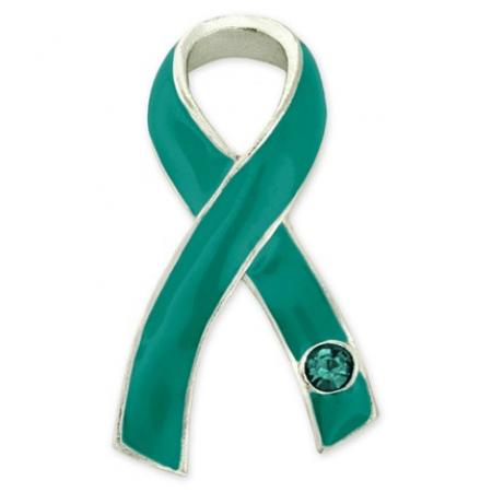 Teal Awareness Ribbon with Stone Pin 