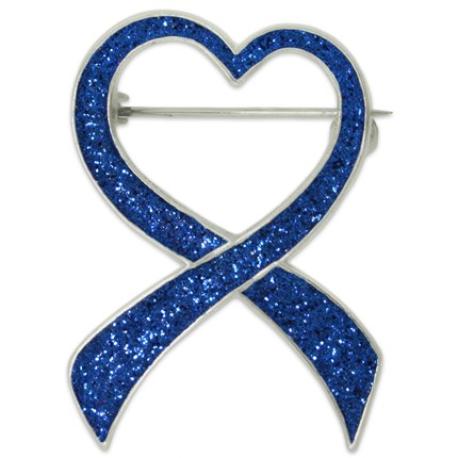     Blue Glitter Heart Ribbon Pin