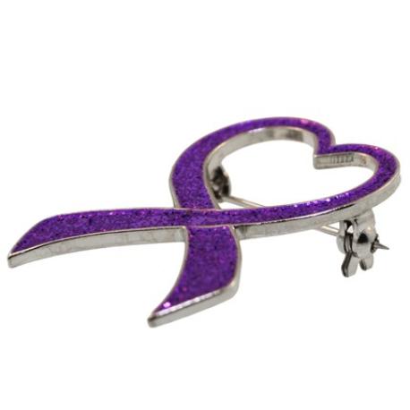     Purple Glitter Heart Awareness Ribbon Brooch