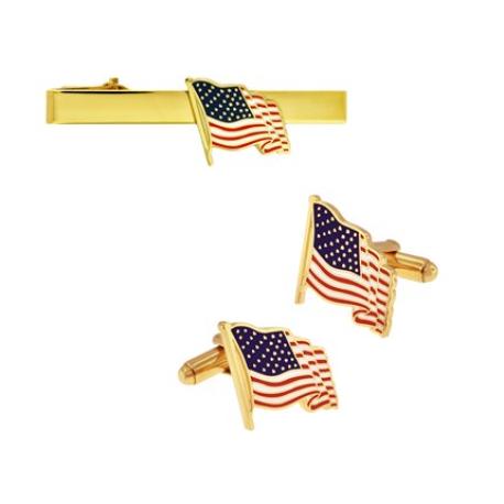     American Flag Tie Clip and Cufflinks Set